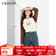 LAGOGO撞色插肩袖T恤衫女拉谷谷春秋新款減齡三熊開(kāi)懷長(zhǎng)袖上衣 白棕(VU) L