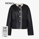 MO&Co.絨面夾克絨邊圓領(lǐng)肌理感廓形短款機車(chē)外套華麗金扣摩安珂 黑色 M /165