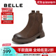 百麗（Belle）復古擦色時(shí)裝羊皮靴女2025冬新商場(chǎng)同款真皮粗跟短靴E5S1DDD5預售 啡色 37