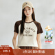 茵曼（INMAN）甜酷風(fēng)撞色插肩袖短款T恤女夏季美式復古印花短袖上衣 淺杏色 S