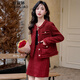 佰藍嬌紅色小香風(fēng)連衣裙套裝女秋冬季2025年新款高級感小個(gè)子毛呢兩件套 紅色 M