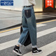 莫代爾高腰老爹褲牛仔褲女裝2025春秋新款寬松顯瘦小個(gè)子復古撞色哈倫褲 藍色長(cháng)褲  M 建議90-105斤