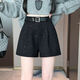 秋冬季高腰小香風(fēng)閃閃重工亮片毛呢短褲a字闊腿褲靴褲子女 配腰帶 黑色 XL  110-125