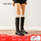 NINE WEST/玖熙長(cháng)筒靴牛皮圓頭低跟高筒騎士靴女皮靴NG486019CE  黑色 36