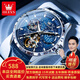 歐利時(shí)（OLEVS）瑞士認證品牌手表男機械表鏤空滿(mǎn)天星男表全自動(dòng)夜光防水男士手表 OLEVS-6689-藍皮藍面