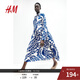 H&M女裝連衣裙2025秋季新款休閑風(fēng)圓領(lǐng)長(cháng)袖印花寬松中長(cháng)裙1263590 白色/藍色圖案 S 160/88
