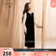 三彩2025冬季新款假兩件絲絨連衣裙開(kāi)叉長(cháng)裙復古直筒裙優(yōu)雅S 經(jīng)典黑 XL 170/92A