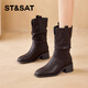 星期六尖頭粗跟短靴女款2025新款秋冬季厚底顯高顯瘦美拉德堆堆靴牛仔靴