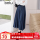 百圖betu女裝春季新款半身裙復(fù)古高腰牛仔壓褶半身裙女2401T55 深藍(lán) S