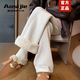 奧絲婕（Aosijie）高端品牌羊羔毛闊腿褲女2025秋冬新款百搭顯高加絨加厚直筒毛呢褲 米白色 （羊羔絨加絨加厚 L 【105-118斤】