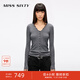 MISS SIXTY2025秋季新款羊毛針織開(kāi)衫女V領(lǐng)蕾絲拼接修身短款上衣 花灰 S