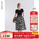 朗姿雙色針織拼接撞色印花連衣裙2025年夏季新款a字高腰碎花裙 夜幕黑色 XL