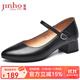 金猴（JINHOU）女鞋氣質(zhì)簡(jiǎn)約女單鞋通勤耐磨透氣小皮鞋一字扣帶粗跟中跟女鞋 黑色 37