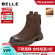 百麗（Belle）復古擦色時(shí)裝羊皮靴女2025冬新商場(chǎng)同款真皮粗跟短靴E5S1DDD5預售 啡色-絨里 36