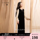 三彩2025冬季新款假兩件絲絨連衣裙開(kāi)叉長(cháng)裙復古直筒裙優(yōu)雅S 經(jīng)典黑 XL 170/92A