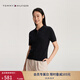 TOMMY HILFIGER【絞花針織】春夏女純棉優(yōu)雅通勤撞色門(mén)襟翻領(lǐng)合身短袖開(kāi)衫 黑色BDS XS （推薦：100斤以下）