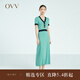 OVV春夏熱賣(mài)女裝復古撞色修身短袖A字傘裙針織連衣裙 湖藍鑲拼02 M