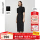 朗姿法式半高領(lǐng)針梭拼接五分袖中長(cháng)款連衣裙氣質(zhì)小黑裙春春新款 夜幕黑色 M