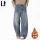 :CHOCOOLATEit加絨牛仔褲男冬新款彎刀褲寬松直筒褲闊腿長(cháng)褲 懷舊藍加絨 L