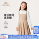英氏（YEEHOO）女童連衣裙兒童裙子中大童裝長(cháng)裙假兩件淑女學(xué)院洋裝秋 卡其 150