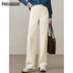 品彩（PinCai）休閑長(cháng)褲女高腰簡(jiǎn)約直筒休閑褲奶白色窄版闊腿褲薄牛仔褲P51X009