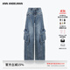 ANN ANDELMAN【趙今麥同款】官方直營(yíng)深藍色做舊磨白斜線(xiàn)分割牛仔工裝褲 深藍色 偏大建議拍小一碼 25