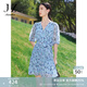 玖姿·安娜蔻V領(lǐng)雪紡連衣裙女裝夏款泡泡袖褶皺感淺藍色裙 花淺藍 M