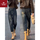 俞兆林大碼梨形身材哈倫牛仔褲女秋冬季胖mm高腰顯瘦彈力直筒老爹褲子女 復古藍 2XL 【建議135-150斤】
