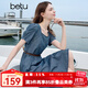 百圖betu女裝2025夏季新款短袖連衣裙泡泡袖撞色皮腰帶牛仔裙2505T76 深牛仔藍 L