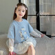 圖圖小象女童長(cháng)袖T恤春季童裝純棉蕾絲打底衫兒童假兩件上衣 藍色  130