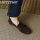 UNITESWAY樂(lè )福鞋女秋冬新款羊反絨英倫復古風(fēng)磨砂平底單鞋女軟底豆豆鞋女 棕色【單里】 38