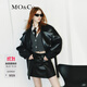 MO&Co.春秋搖滾素皮斜襟寬領(lǐng)腰帶造型寬松夾克外套摩安珂 黑色 S 160