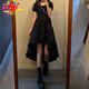 JAVC小眾a字裙前短后長(cháng)裙子黑色連衣裙女夏季法式復古顯瘦氣質(zhì)小黑裙 黑色【連衣裙】 S 【建議65-80斤】