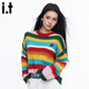 GROUND ZEROit 潮牌2025秋冬女士毛衣撞色刺繡彩虹條紋長(cháng)袖打底針織衫上衣 綠色 均碼 F 80-125斤/150-175c