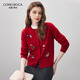 科蒙博卡2025秋冬刺繡羊毛衫女圓領(lǐng)開(kāi)衫外套針織上衣 櫻桃紅 XL