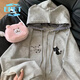 EPET薄款日系可愛(ài)貓咪灰色連帽長(cháng)袖衛衣女春夏拉鏈開(kāi)衫外套ins潮亞宅 灰色格紋 M 95-105斤