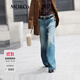 MO&Co.牛仔褲精工洗磨磨白棉質(zhì)設計感側縫分割高腰闊腿褲摩安珂 牛仔藍色 L /L