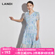 藍地（LANDI）2023年夏季新款淺藍色v領(lǐng)印花碎花連衣裙女雪紡中長(cháng)裙子 淺藍色 S