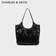 CHARLES&KEITH柔軟褶皺大容量單肩托特包包女包生日禮物新年禮物CK2-30782457 Black黑色 大包