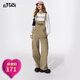 妖精的口袋美拉德工裝背帶直筒褲女2024早秋新款寬松休閑闊腿褲子 流浪公主卡其色 S