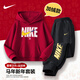 NIKE耐克紅色兒童套裝加絨秋冬新年2025男女童兩件套連帽衛衣衛褲加厚 紅2233+黑【加絨加厚款】 【高克重】 150 /M 【建議身高140-152cm】