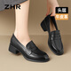 ZHR頭層牛皮革樂(lè )福鞋女粗跟通勤皮鞋女一腳蹬軟底單鞋女KM03黑色37