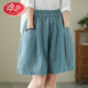 浪莎亞麻短褲女夏季薄款透氣棉麻五分褲高腰顯瘦寬松休閑闊腿中褲 天藍色 L【建議115-130斤】