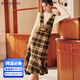Olrain歐芮兒法式格子背帶連衣裙女秋冬年收腰復古背心裙 咖格 S