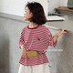 圖圖小象女童短袖兒童條紋T恤親子上衣半袖 紅白條紋  140 身高約140cm