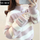 NY-RCE毛衣女2025冬季新款高品質(zhì)高領(lǐng)加厚寬松款秋冬短款潮流百搭針織衫 條紋粉半高領(lǐng) (保暖)  加厚 均碼