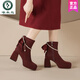 啄木鳥(niǎo)珍珠蝴蝶結防水臺高跟短靴女2025秋冬新款法式粗跟真皮馬丁靴子女 酒紅色【單里】 跟高8.0cm 38