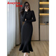 蔻伊婭（Kouyiya）品牌女裝新品黑色針織連衣裙女秋冬新款小個(gè)子收腰包臀魚(yú)尾長(cháng)裙女 黑色 M