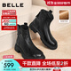 百麗（Belle）復古擦色時(shí)裝羊皮靴女2025冬新商場(chǎng)同款真皮粗跟短靴E5S1DDD5預售 黑色-絨里 37