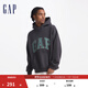 GAP男女裝碳素軟磨抓絨格紋logo連帽衛衣上衣609221 灰色 165/88A(S)亞洲尺碼